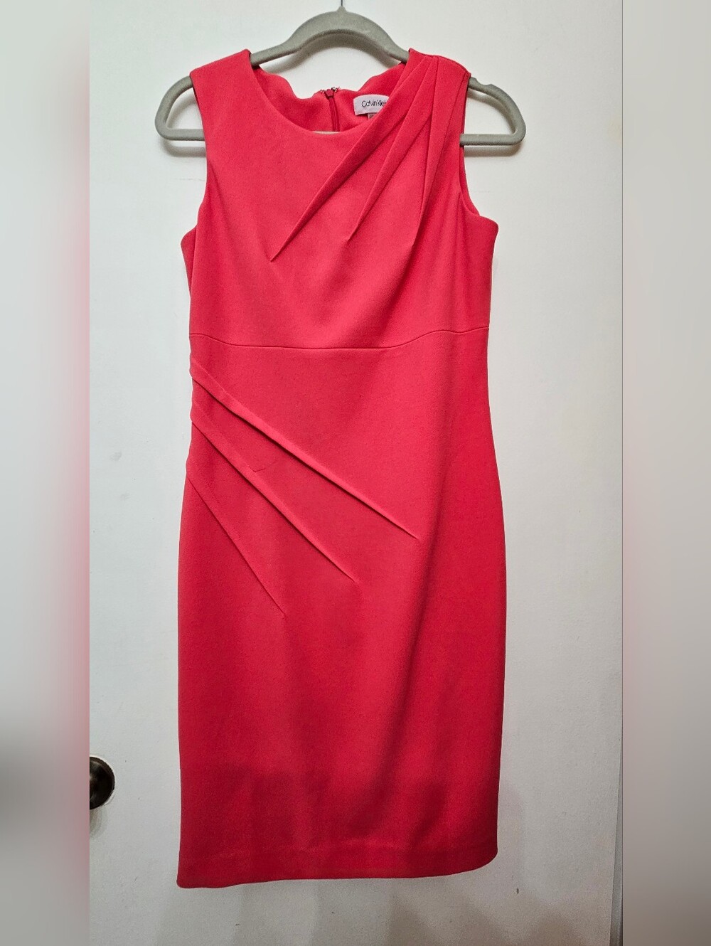 Calvin Klein Coral-Red Sleeveless Sheath Dress with Draped Pleats